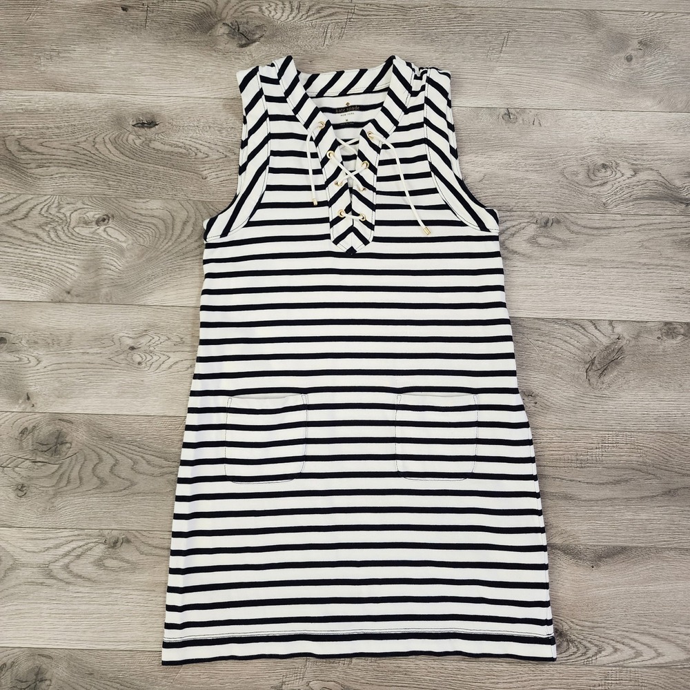 KATE SPADE BRETON Women Medium Navy White Stripe Lace Up Sleeveless Dress READ